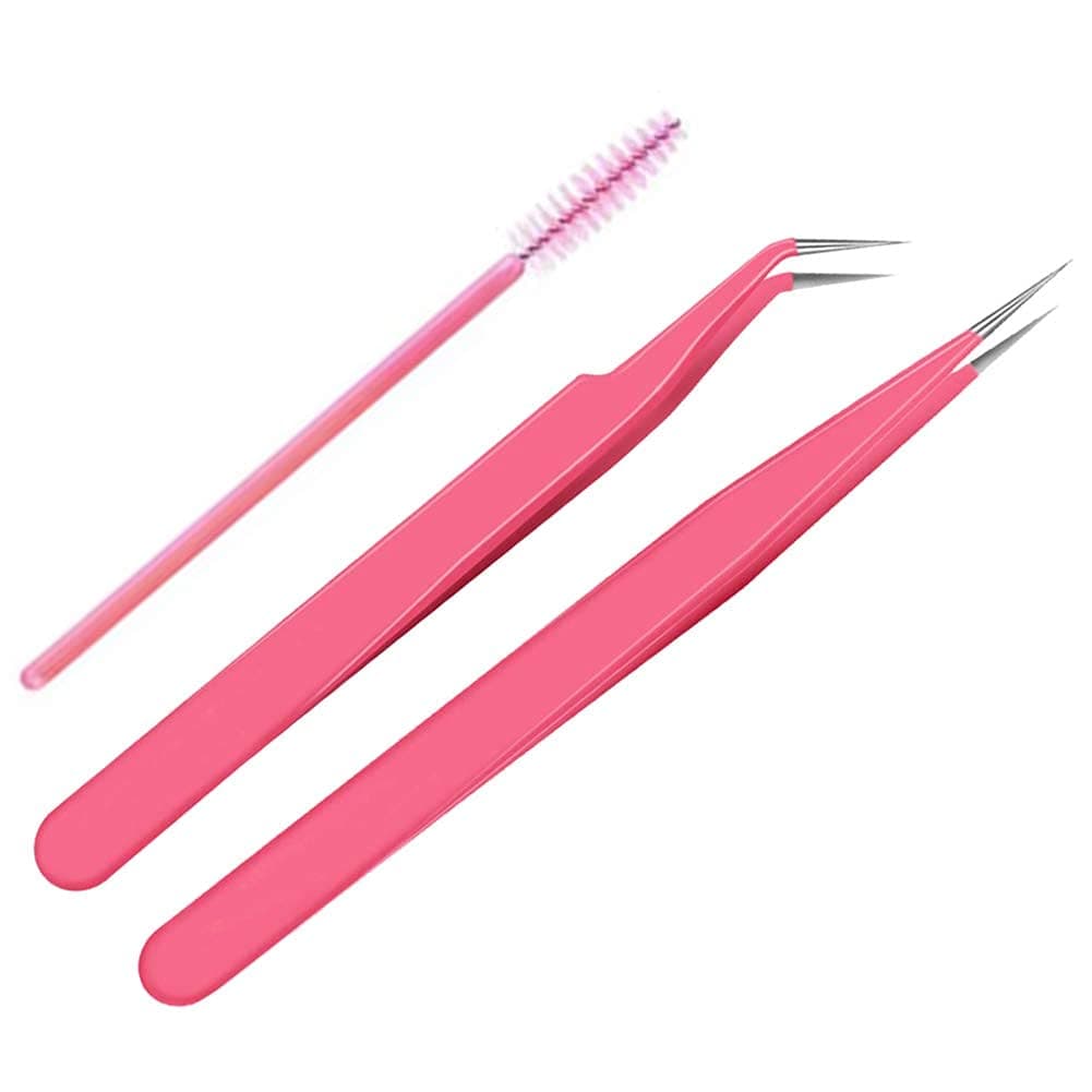 Stainless Steel Eyelash Extension Tweezers Straight and Curved Tip Eyelash Tweezers for Eyelash Extension Applications with Eyelash Brush