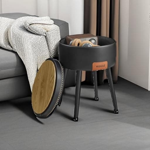 VASAGLE EKHO Collection - Storage Ottoman, Vanity Chair Stool, Synthetic Leather with Stitching, Mid-Century Modern, Round Storage Seat with Steel Legs, Loads 330 lb, Ink Black ULOM005B01