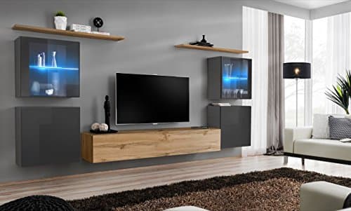 Domadeco Soho 14 modern unique furniture for living room wall mounted cabinets Color (Oak & Grey)