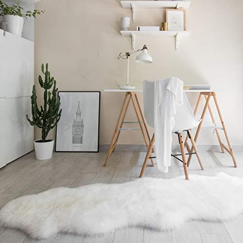 Sheepskin Rug Genuine Real Wool Fur, Luxury New Zealand Pelts, Natural Silky Soft Lamb Skin, Thick & Fluffy, Long Runner for Bedroom & Living Area, 2x6 ft Pearl White