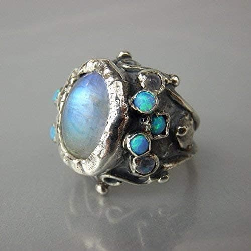 Sterling Silver Rainbow Moonstone Opal Queen Ring, Vintage Style Alternative Engagement Ring