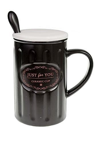Coffee ceramic mug with lid and spoon (black cup & white lid)