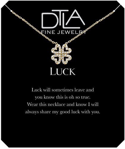 DTLA Good Luck Four Leaf Clover Necklace in Sterling Silver with Inspirational Quote Card