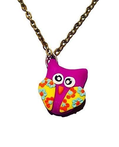Purple Owl Charm Necklace, Handmade Polymer Clay Owl Pendant with Floral Designs, Kawaii Owl Woodland Animal Jewelry, Valentines Day Gift Idea for Kids