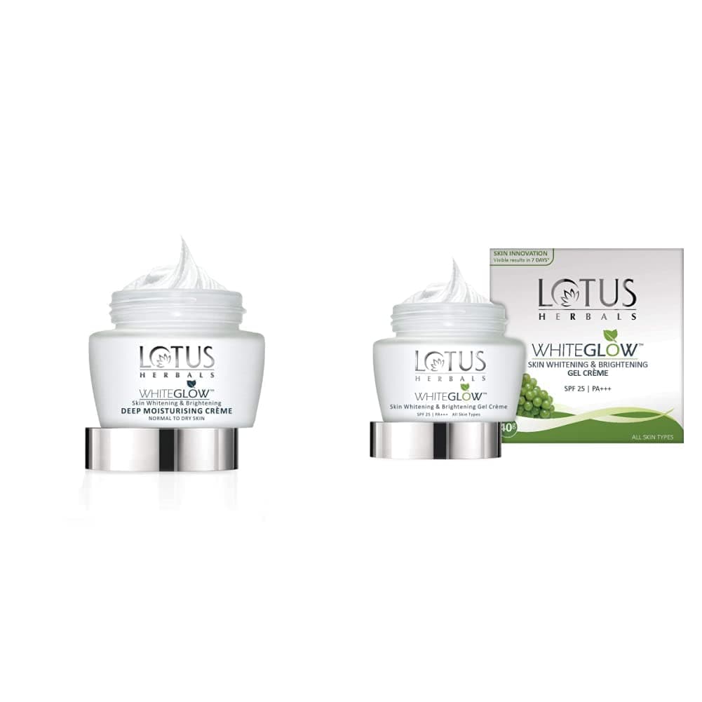 Lotus Herbals Whiteglow Deep Moisturising Creme, SPF 20, 60g And Lotus Herbals Whiteglow Skin Whitening And Brightening Gel Cream, SPF-25, 40g 2 count (Pack of 1)