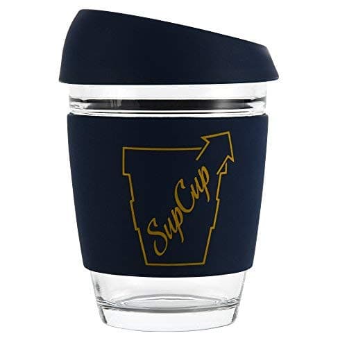Reusable Coffee Cup Glass – 12oz Smooth Silicone Lid and Heat Resistant Sleeve - Medium sized Mug for Hot & Cold Beverages - Dishwasher Safe & Microwavable - Cups to go | BPA Free - SupCup - Navy