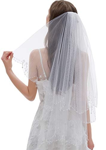 Malishow 2 Tiers Wedding Veil Sequin Beaded Pearl Edge Bling Bridal Veils