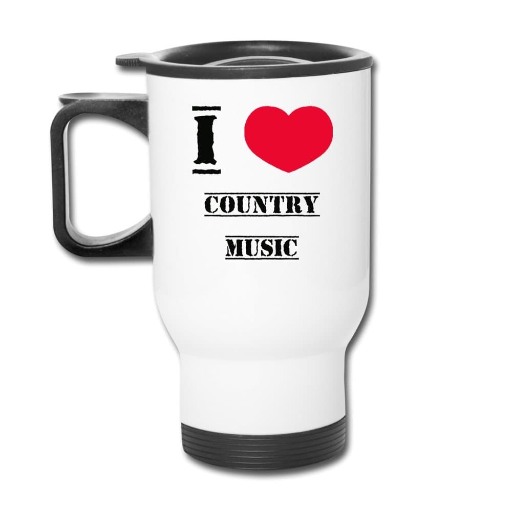 I Love Country Music Aluminum White Travel Mug, 12 Ounces