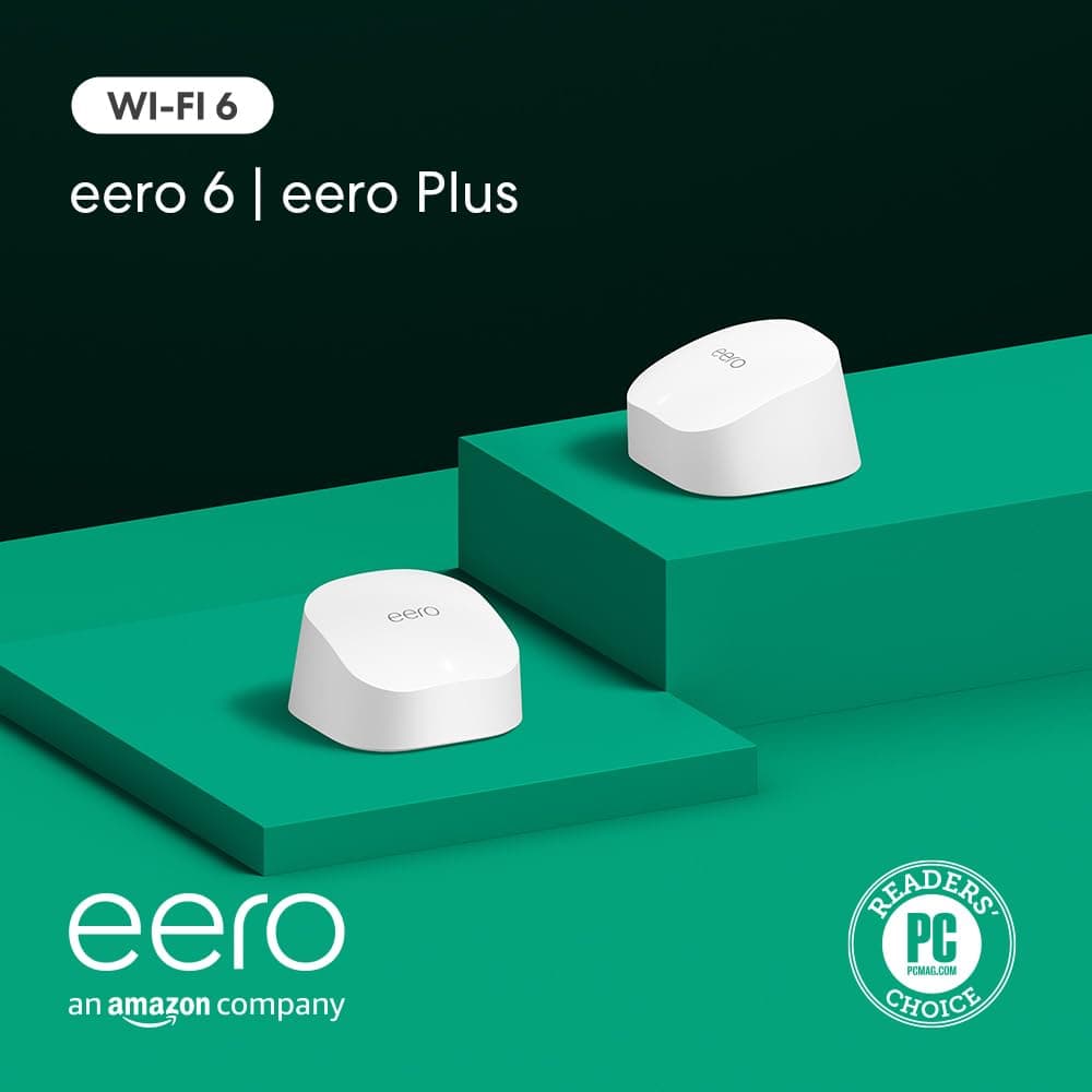 Amazon eero 6 mesh wifi system with 1-month free eero Plus (auto-renews) - Supports internet plans up to 500 Mbps, Coverage up to 3,000 sq. ft., 2-pack (1 router + 1 extender)