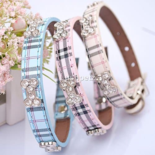 Lushpetz Tartan Plaid Dog Collar with Rhinestone Bones Available in Small, Medium & Large Sizes Pink Blue and Beige