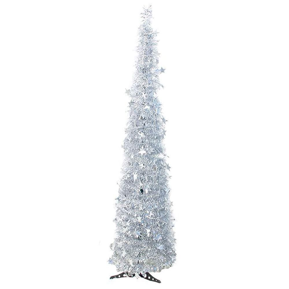 5ft Glittering Christmas Trees Foldable Bling Star & Moon Xmas Tree w/ Stand Decorative Artificial Collapsible Pop Up Christmas Tinsel Tree Home Event Decoration Wedding Party Favors (Star-Silver)