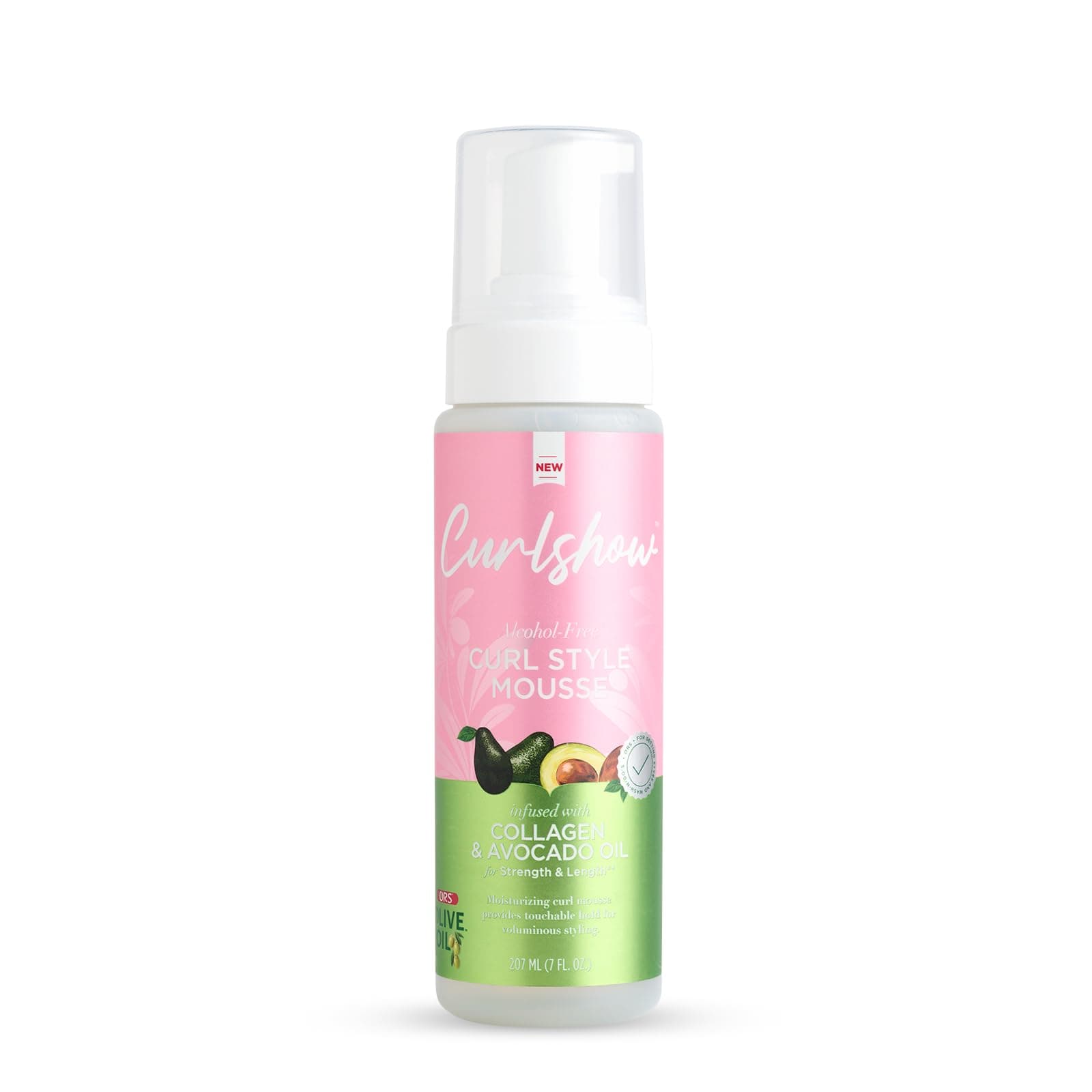 Olive Oil Curlshow Curl Style Mousse Infused with Collagen & Avocado Oil for Strength & Length, Alcohol Free (7.0 oz)