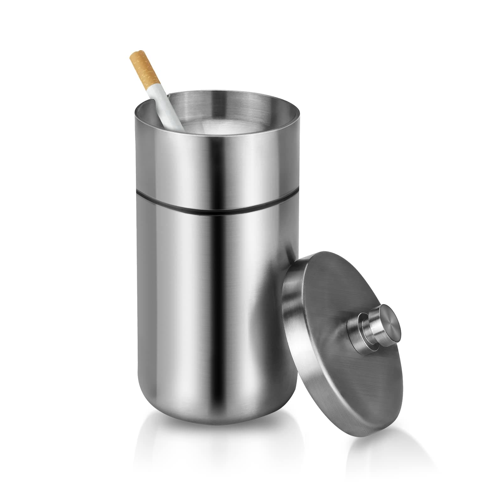 Car Ashtray with Lid Smell Proof Stainless Steel Portable Ash Tray for Car Cup Holder Detachable Windproof Extinguished Cigarette Bucket Automotive Ashtrays for Outdoor Home Office Silver