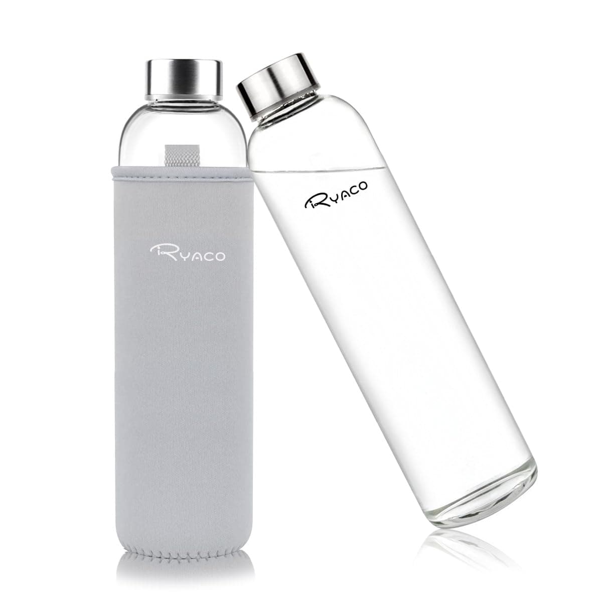 RYACO Glass Water Bottle 550ml/750ml/1000ml/1L,Borosilicate Glass Bottle with Neoprene Protective Case for Hot Cold Drinks,BPA-Free Leak Proof,Dishwasher Safe