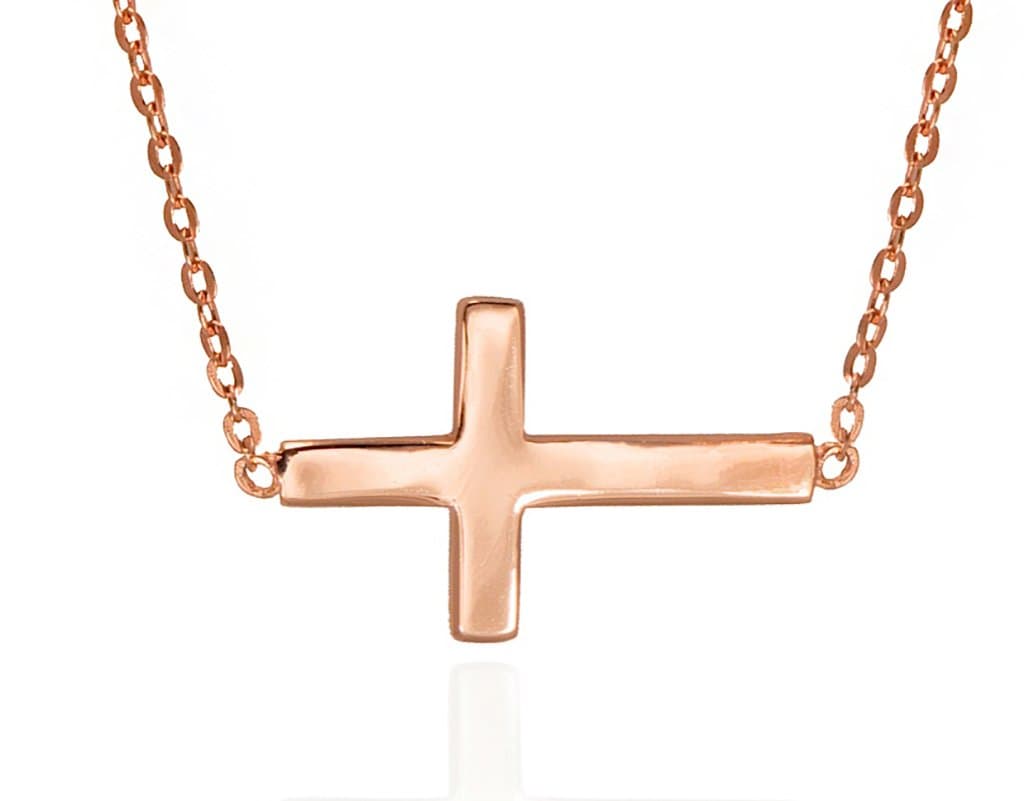 Sideways Cross Necklace .925 Sterling Silver Rose Gold Tone Classic Women's Cross 16" - 18"