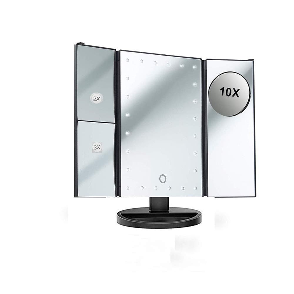 ADOV Illuminated Makeup Mirror 1X/ 2X/ 3X/ 10X Magnification Tri-Fold Vanity Mirror 24 LED Lights - Black