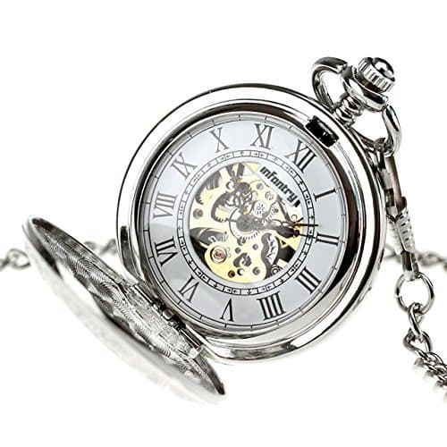 Infantry Mens Silver Pocket Watch Windup Mechanical Pocket Watches for Men with Chain