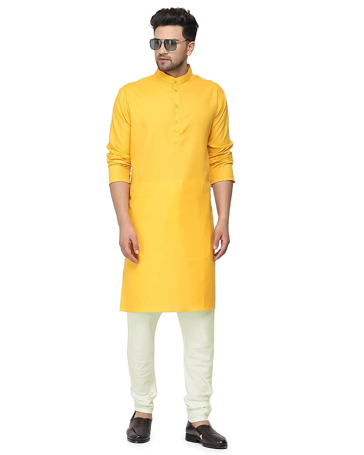 Gauri Laxmi Enterprise Men's Cotton Blend Solid Straight Shirt (P YELLOW 32