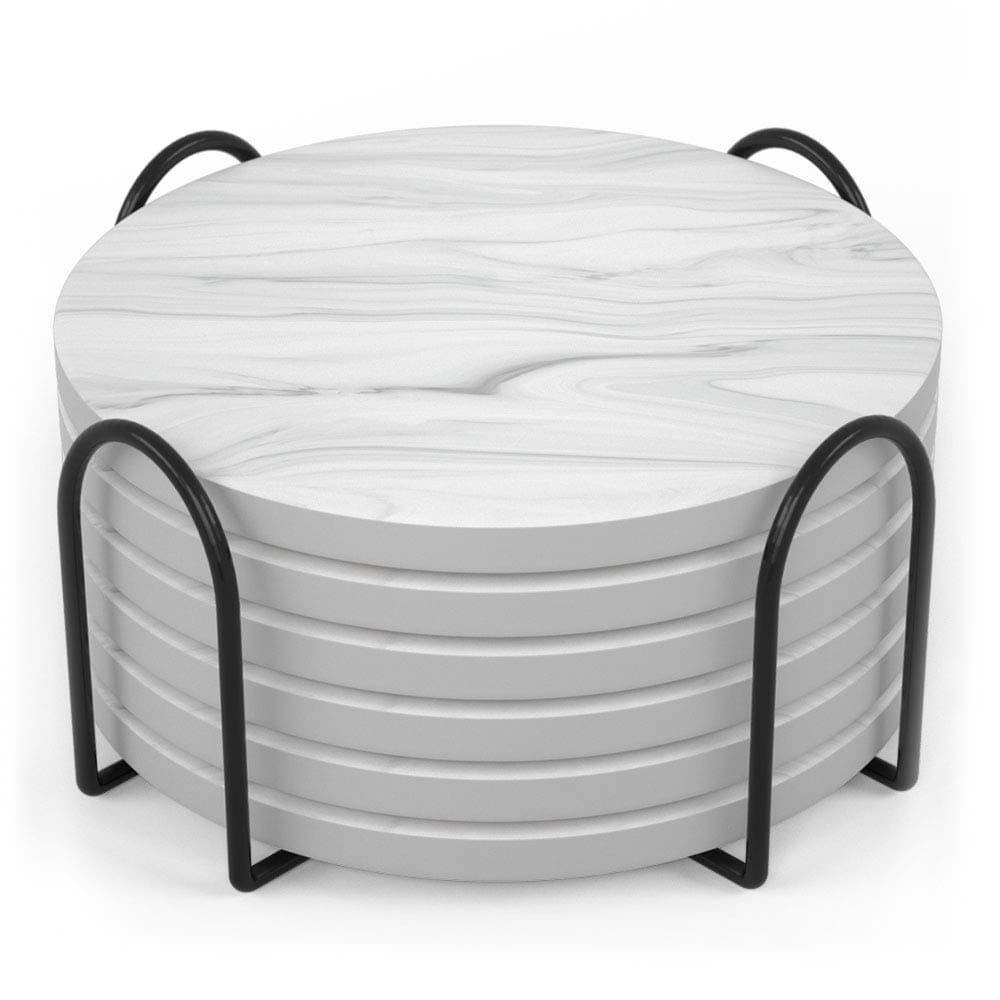 Absorbent Coasters for Drinks Ceramic Marble Style Coasters with Holder and Cork Base Set of 6 Unique Housewarming Gift for Men and Women Stone Coasters