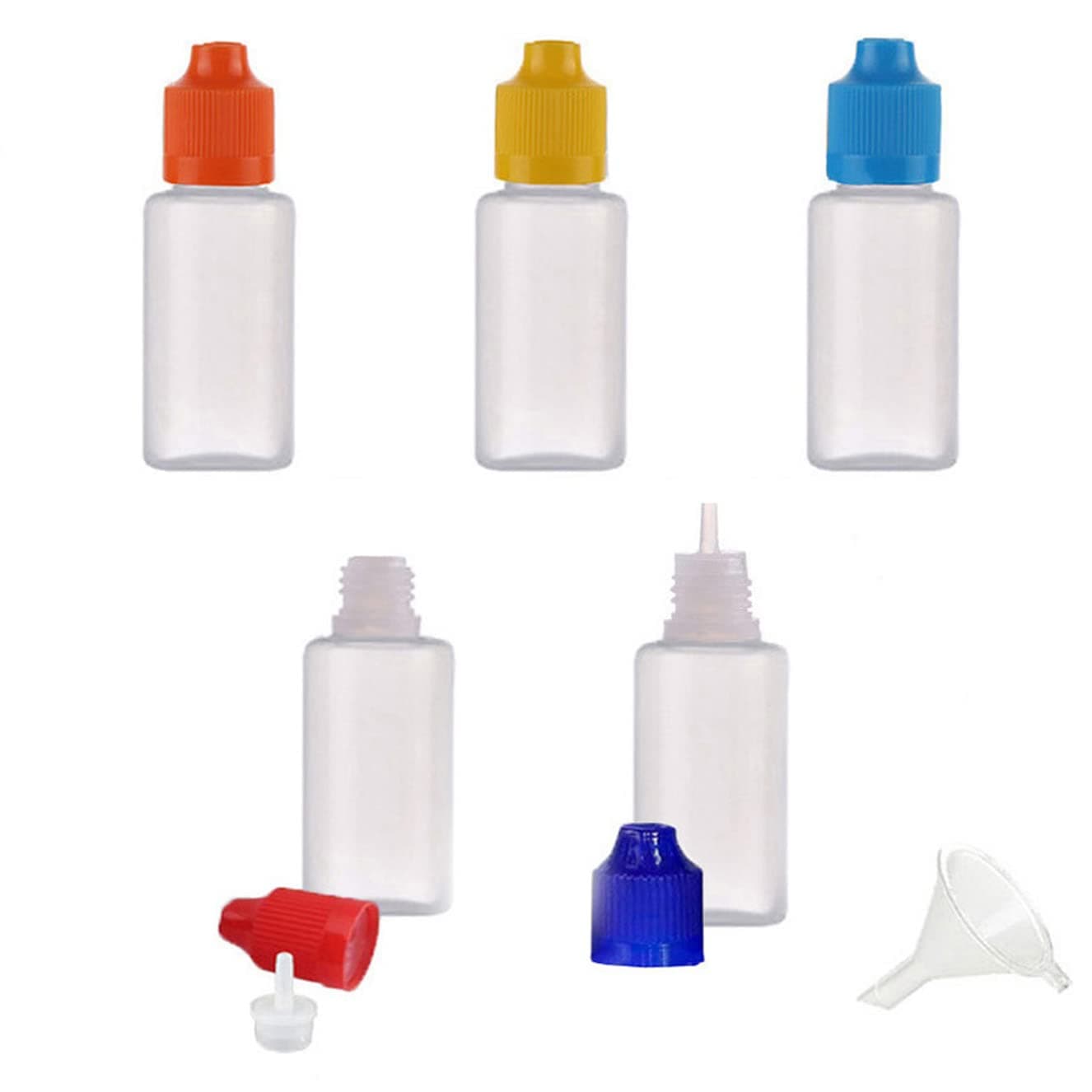 LDPE Squeezable Dropper Juice Bottle - 5Pcs x 5ml Empty Eye Liquid Droppers Plastic Containers + Mixed Color Childproof Caps + Funnel