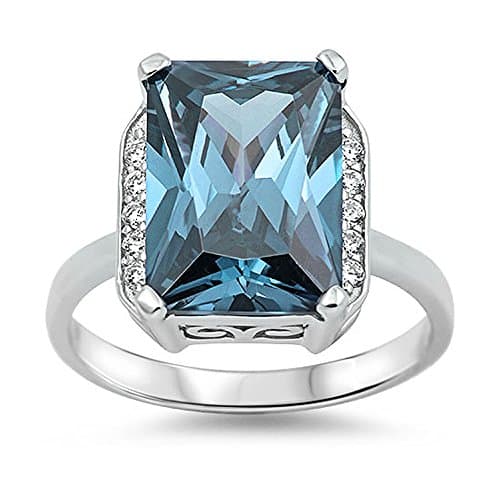 925 Sterling Silver Aquamarine Ring with Clear CZ Stones - Large Cocktail Rings - March Birthstone Rings