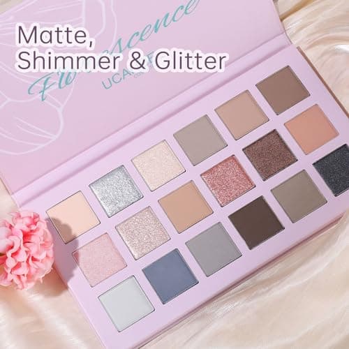 UCANBE Florescence Eyeshadow Palette,18 Colors Nude Neutral Brown Smokey Eye Shadow,Highly Pigmented Matte Shimmer Glitter Make Up Pallet for Women/Girl