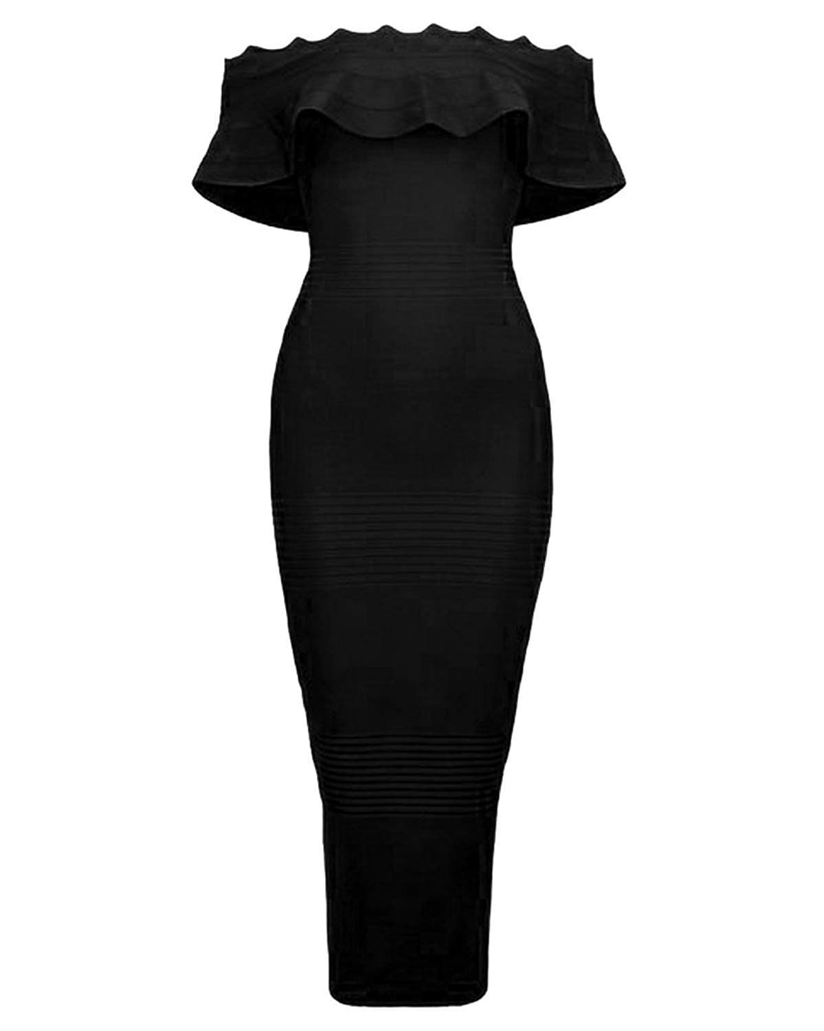 Women's Mid-Calf Off Shoulder Ruffles Bandage Dress Club Midi Dresses