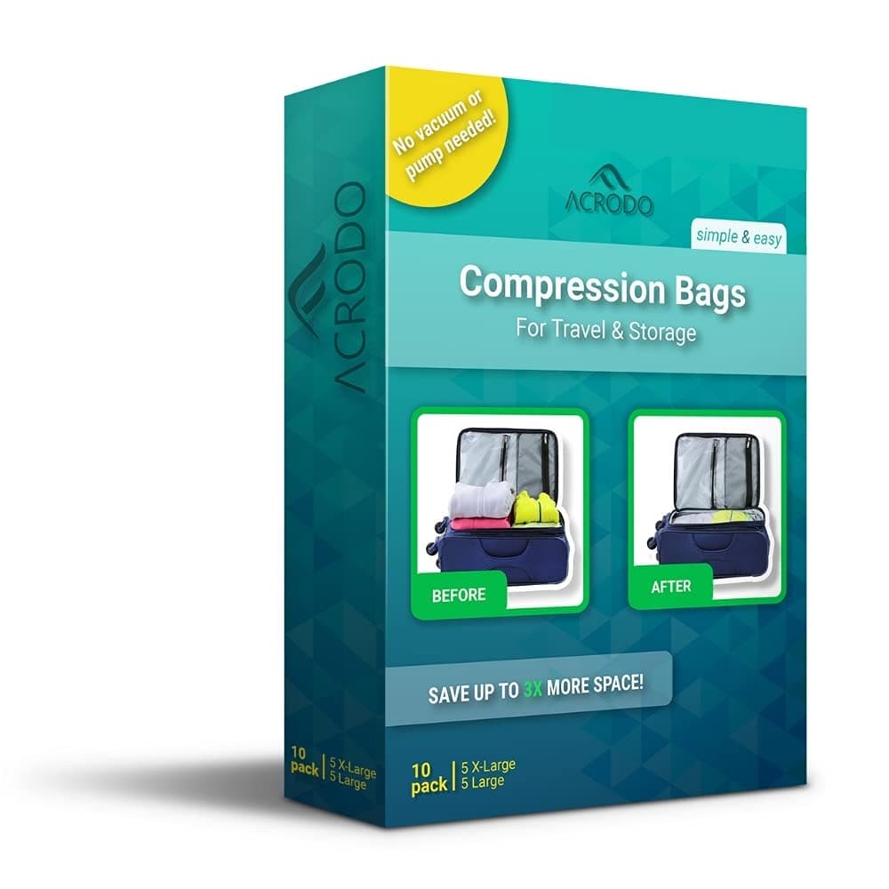 Compression Bags for Travel, Packing Organizers Space Saver Packing Bags, No Vacuum 10-pack of 5 Large & 5 Jumbo Clothes Compression Bag, Suitcase Storage & Travel Storage Bags for Clothes
