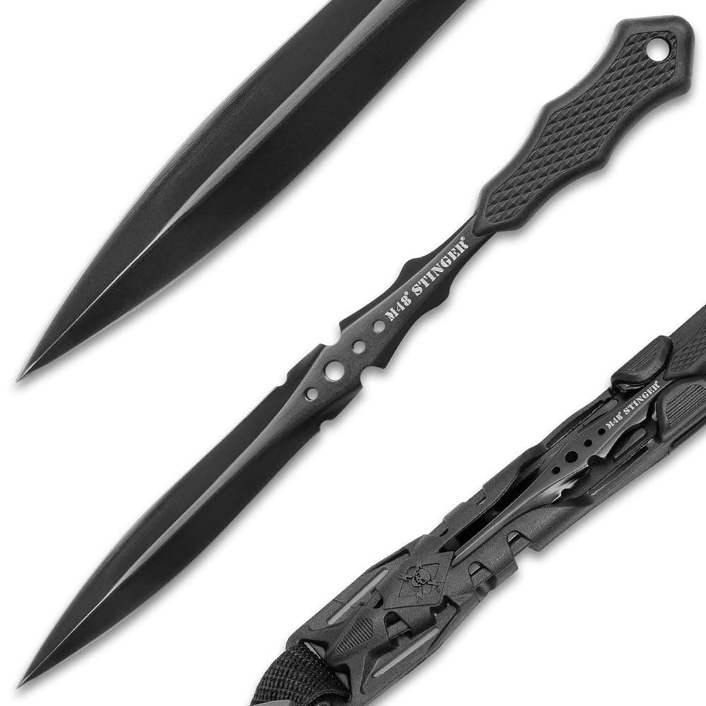 Stinger Urban Spike Knife | Fixed Blade with 3.75” Double-Edged Cast Stainless Steel | 8” Overall, Rubberized Grip | Shoulder Harness Sheath | Compact Outdoor Gear for Camping, Boating and More