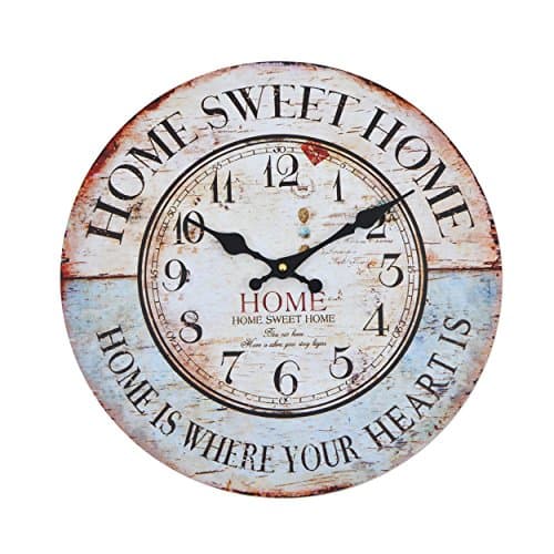 Wall Clock - Home Sweet Home - Wooden kitchen clock with large dial made of MDF, Retro clock in trendy shabby chic design with quartz movement mechanism, Ø: 32 cm