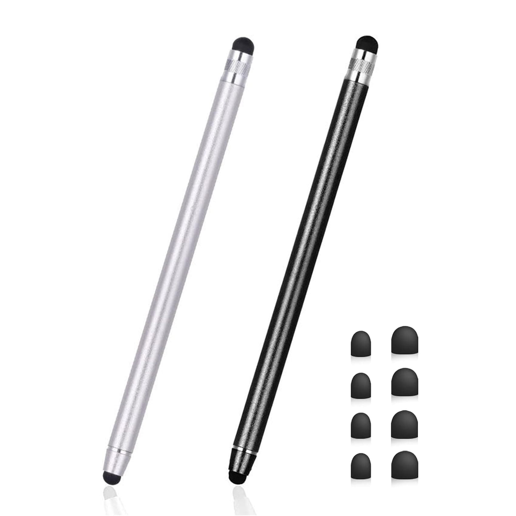 2 Pack 2-in-1 Stylus Pen for Android, High Sensitivity Capacitive Stylus for Smartphone and Tablets with 8 Rubber Tips (Black+Silver)