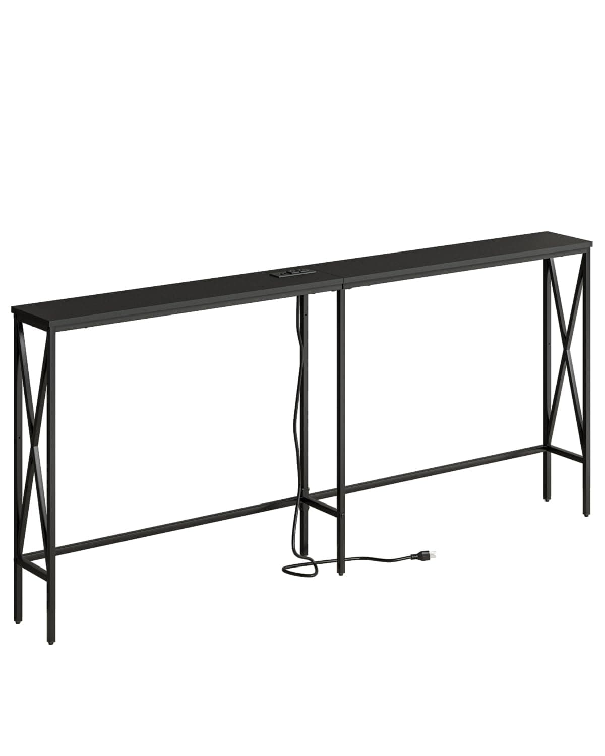 Masupu 70.9" Console Table with Power Outlet, Modern Narrow Long Sofa Table Behind Couch, Skinny Entry Table, Industrial Sofa Table with Metal Frame for Hallway, Living Room, Classic Black