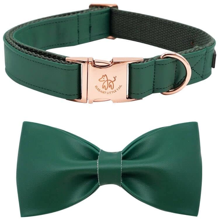 Elegant little tail Leather Dog Collar with Bow - Christmas Green Dog Bow Collar Premium Girl or Boy Dog Collar Cute Dog Bowtie Collar for Small Puppy and Dogs