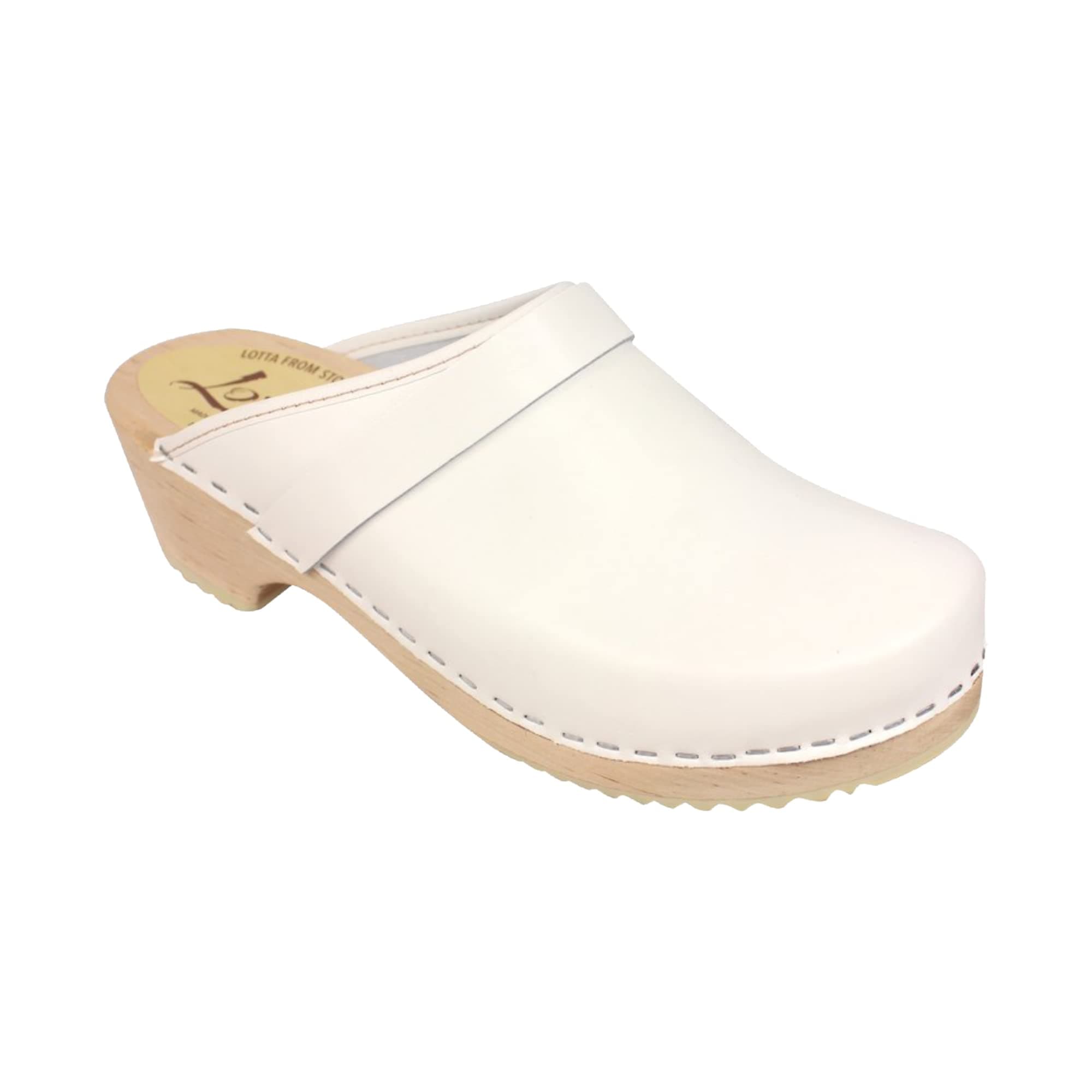 Lotta From StockholmSwedish Classic Clog Mule for Women | Low Heel Slip-on Supportive and Comfortable Clogs Handmade in Sweden | Alder Wood Base and PU Coated Leather | White