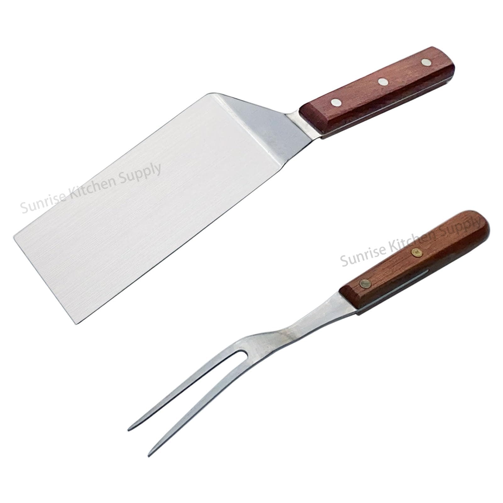 Sunrise Stainless Steel Turner Spatula (Flexible Blade) & Meat Fork with Wood Handle for Griddle, Hibachi, Teriyaki & BBQ Grill Cooking