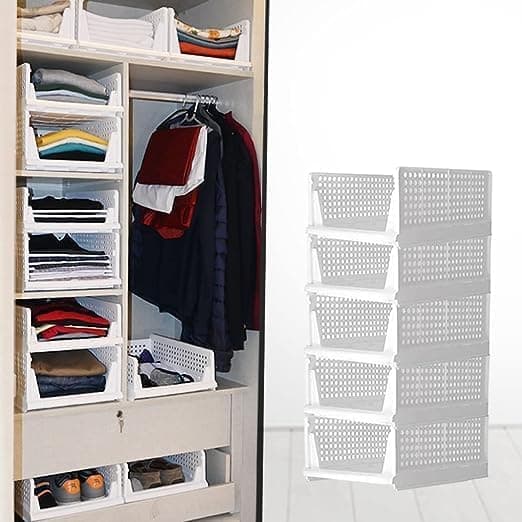 Pack of 6 Foldable Stackable Wardrobe Organizers for Clothes - Plastic Closet Storage Solution for Kitchen and Bathroom in White