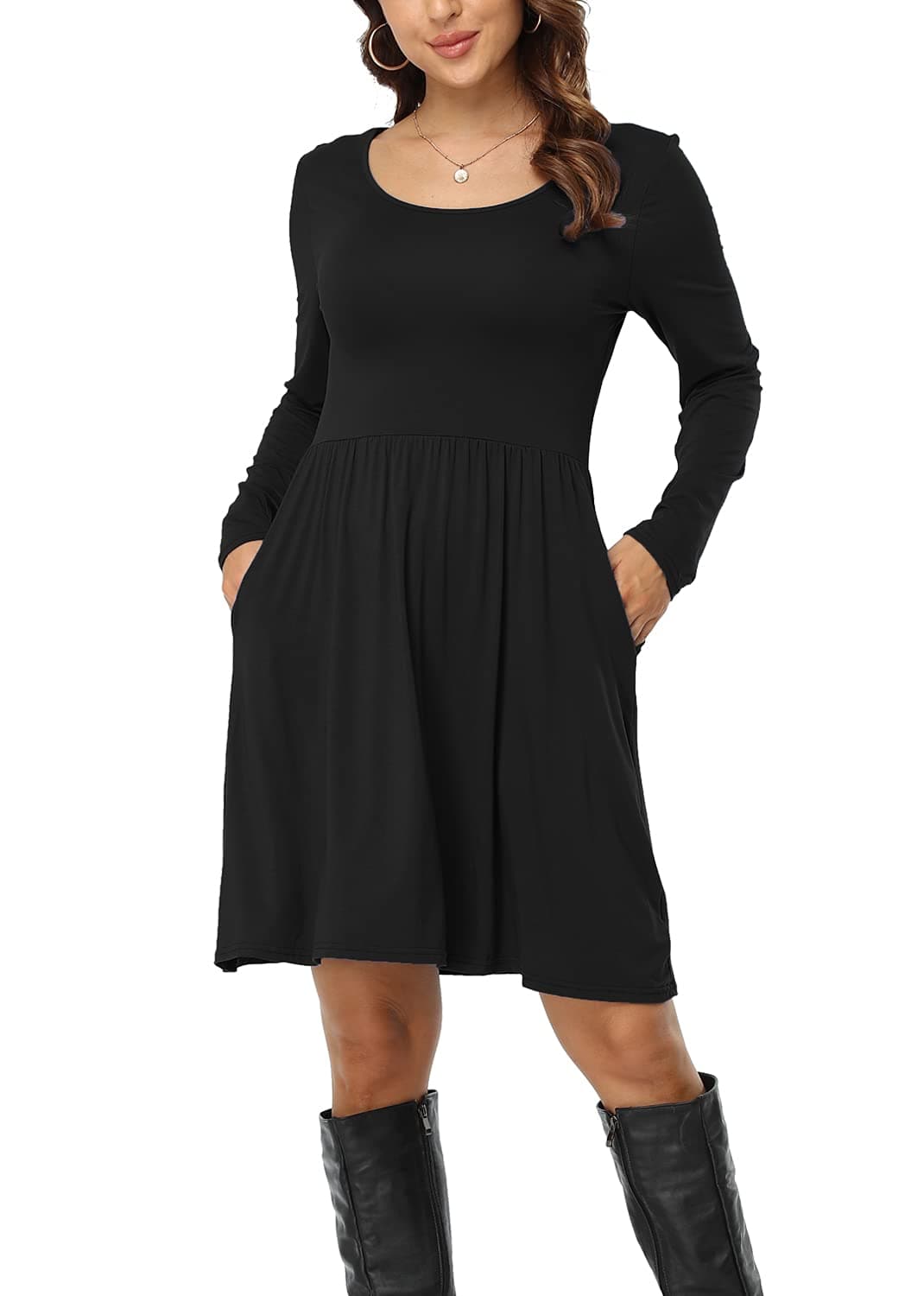 VevarbleWomen's Long Sleeve Plain/Floral Dresses Loose Tunic Flowy Casual Swing Dress with Pockets Knee Length