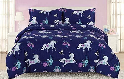 Aubrie Home Accents Navy Unicorn 2-Piece Twin Comforter Girls Bedding Set with Pillow Sham Floral Print, Blue Purple Teals