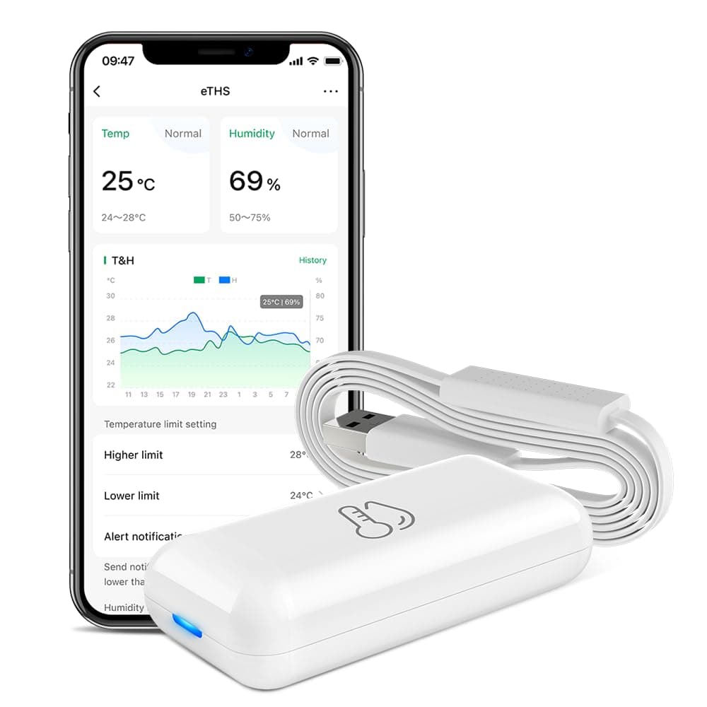 Thermometer and Hygrometer eTHS, WiFi Smart Temperature and Humidity Monitor Sensor, APP Phone Alert, TH2MQTT Home Assistant, Works with Alexa Google Home, No Hub Required