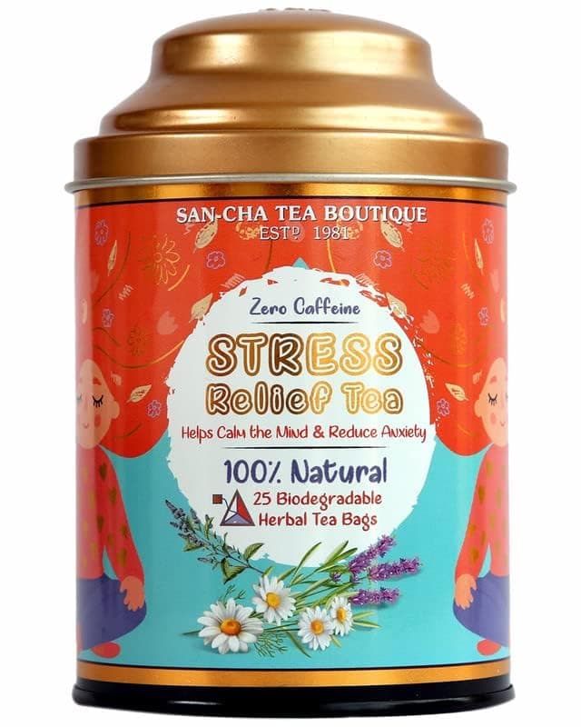 Sancha Tea Boutique Stress Relief Tea | 25 Pyramid Bags | Caffeine Free Herbal Tisane with Chamomile, Lavender & Mint | Relaxing & Calming Blend