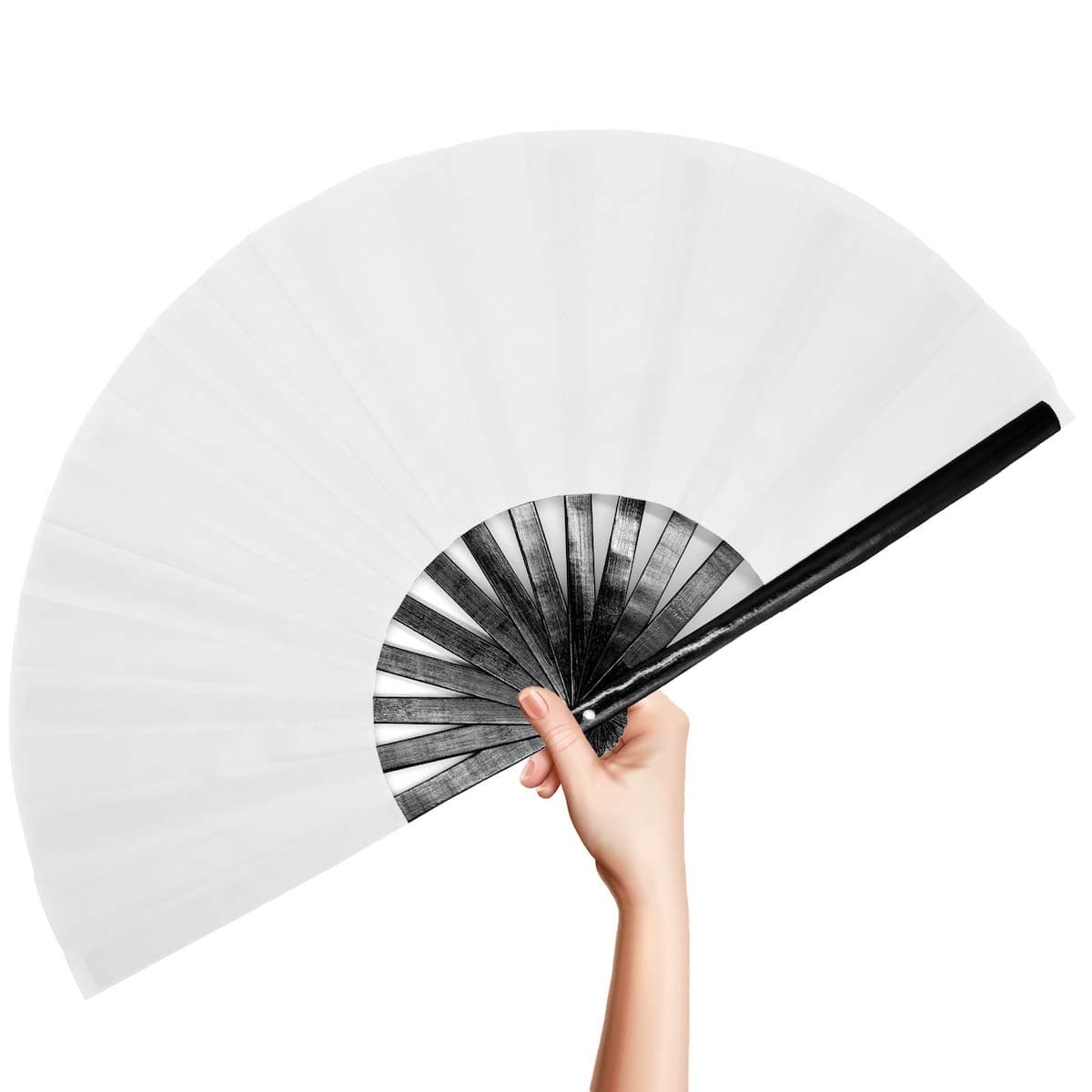 OMyTea Bamboo Large Rave Folding Hand Fan for Men/Women - Chinese Japanese Kung Fu Tai Chi Handheld Fan with Fabric Case - for Performance, Decorations, Dancing, Festival, Gift (Black & White)