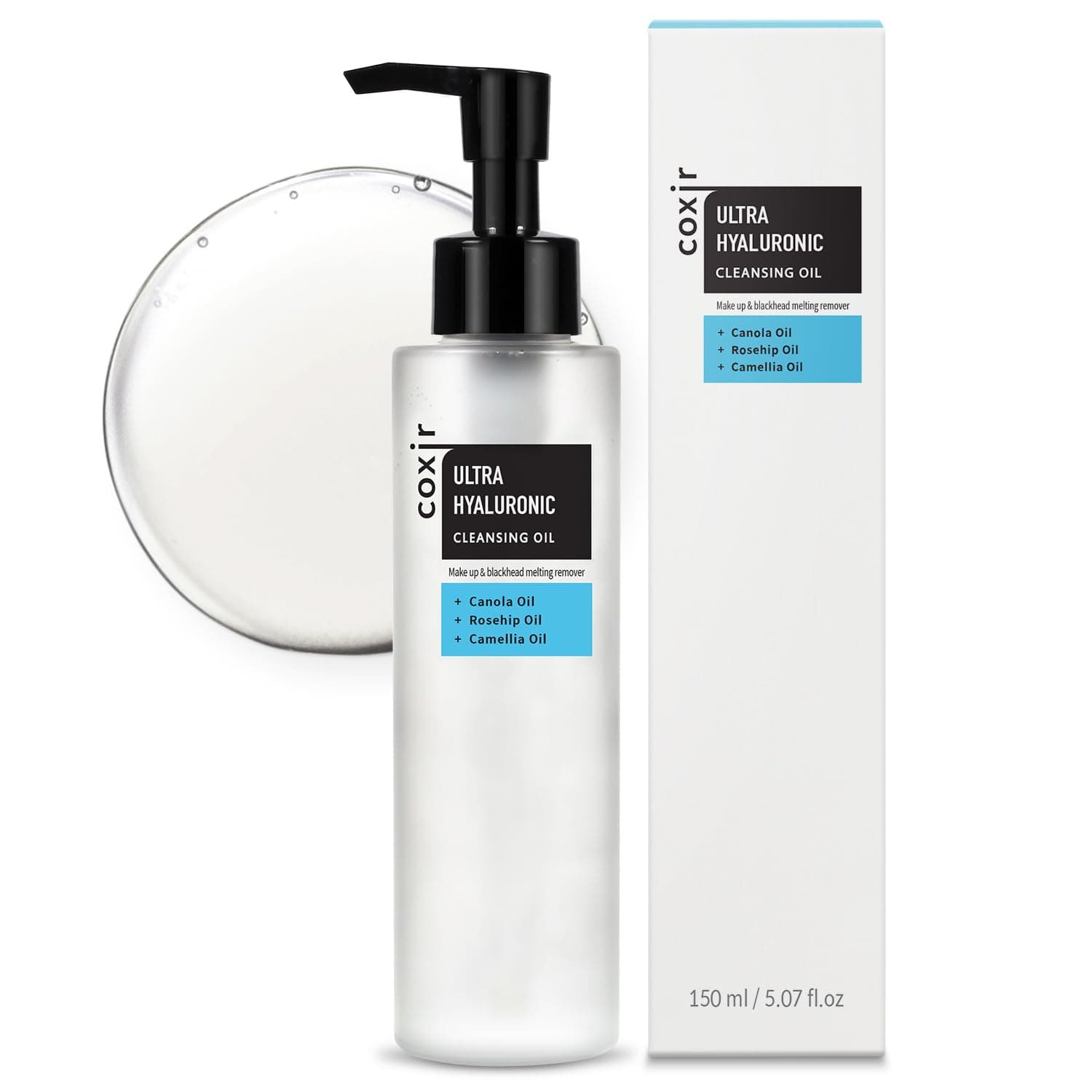 coxir Ultra Hyaluronic Cleansing Oil - Gentle Korean Oil Cleanser for Makeup, Blackheads & Pore Care, Multi-Layer Hyaluronic Acid, Vegan Formula for All Skin Types, Non-Comedogenic, 5.07 fl oz