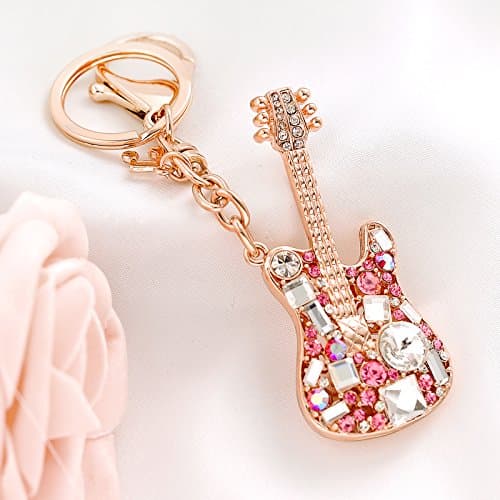 Libaraba 18K Rose Gold Plated Opal Inlaid Guitar Keychain Birthday Gift Car Key Pendant