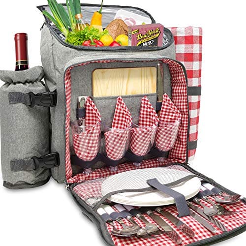 Nature Gear XL Picnic Backpack - 4 Person Insulated Design - Waterproof Blanket and Full Cutlery Set (Four Person)
