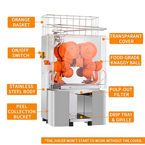 Commercial Orange Juicer Machine 110V/120V Automatic Citrus Juicer Electric Juice Squeezer Lemonade Making Machine Heavy Duty #304 Stainless Steel with Bins, 25-30 oranges per minute
