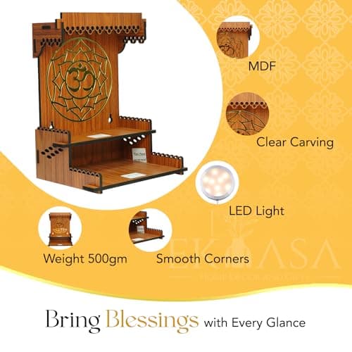 Ekhasa Wooden Pooja Mandir Wall Mounted | God Temple for Home | Puja Stand | Pooja Unit with LED Spotlight | Temple for Office