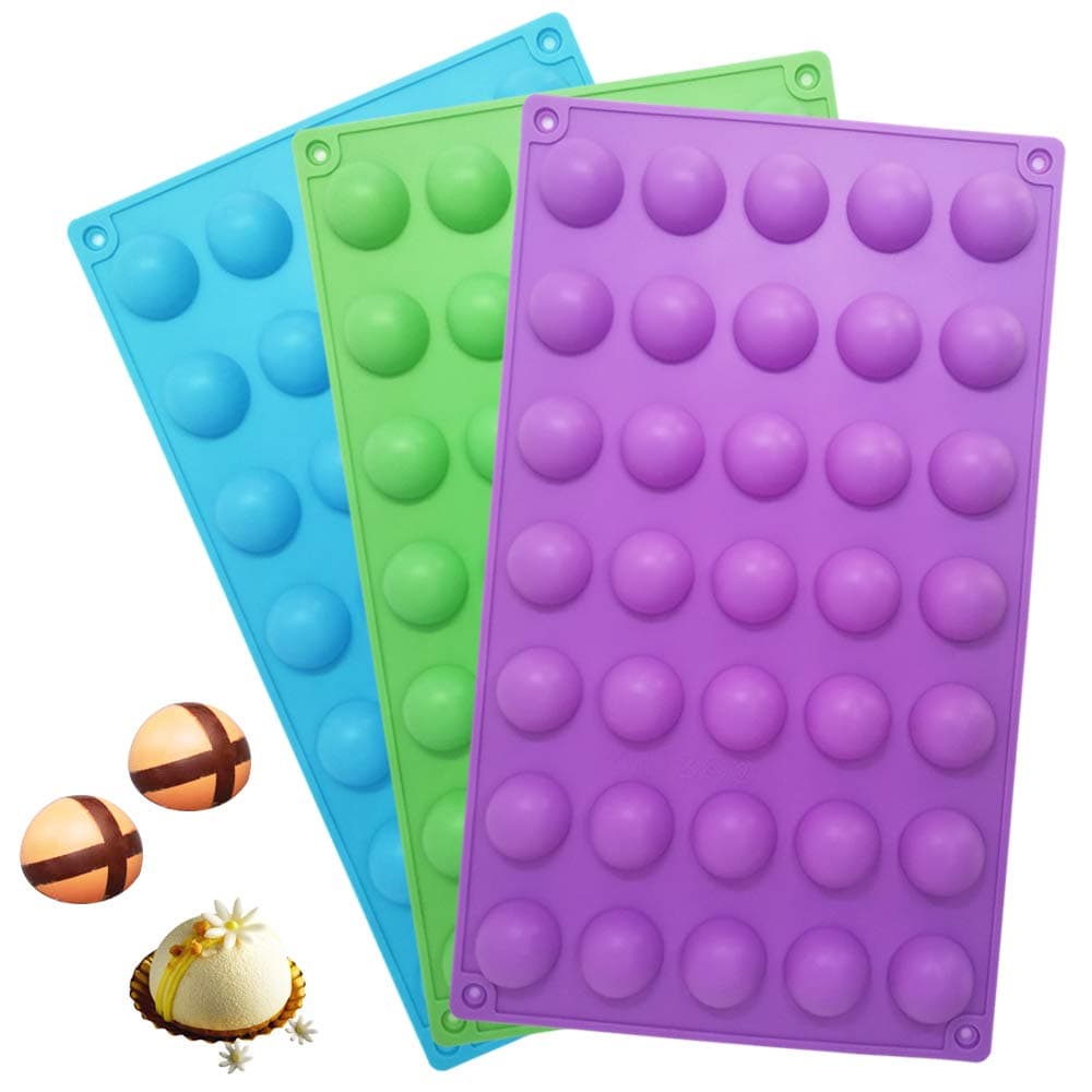 35 Cavity Semicircle Silicone Mold,Sonku 3 Pcs Mini Semi Sphere Baking Pan for Making Mousse Cake Candy Chocolate Dessert Truffle Pudding Pastry Jelly Ice Cream-Purple,Blue,Green
