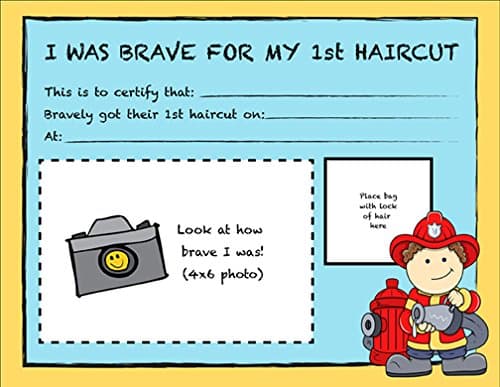 FIRE CHIEF FIRST HAIRCUT CERTIFICATES w/self adhesive zip top bags, 14 pt card stock, 4x6" photo attachment 10 PACK