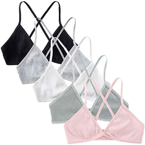 Peachat Triangle Bralette for Women A/B Cups Ribbed X Back Lightweight Thin Strap Bralette V Neck Pull On Unpadded Bra (5Pack(BGWPG), S)
