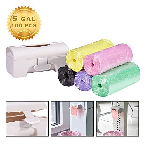 Small Trash Bags, 4 Gallon Garbage Bags,(1pcs)Wall-Mounted Garbage Bag Storage Box Organizer for Kitchen Bathroom Office, Home ,Waste ,Bin, 100 Counts 5 Color